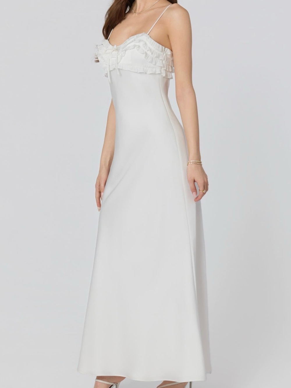 Astr Ruffled Bust White Maxi Slip Dress
